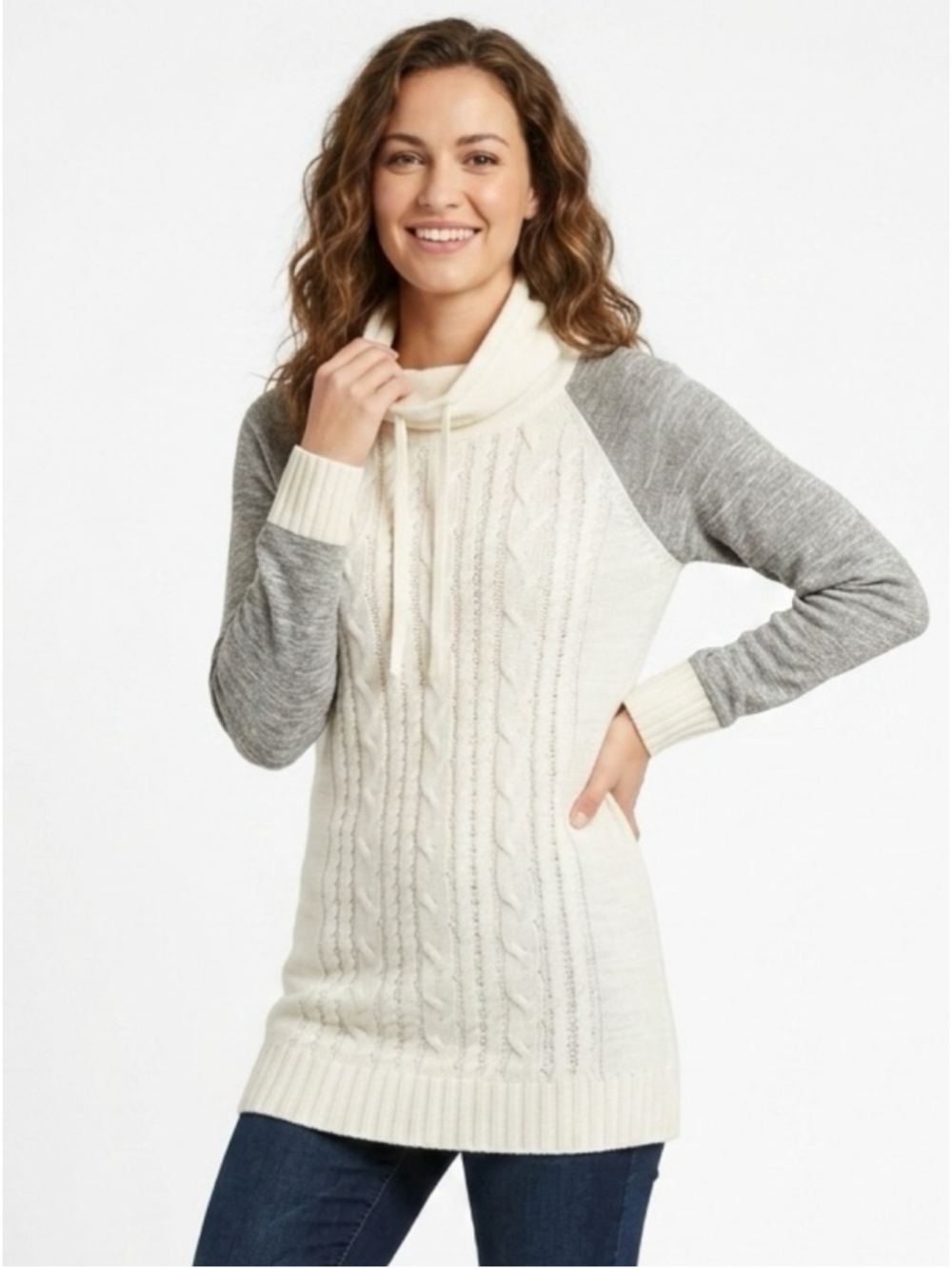 HYBA Two-Tone Cable Knit Cowl Neck Tunic Sweater White Gray Med 333 cozycore